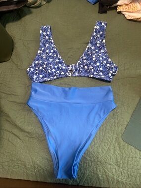 aerie Blue Floral Bikini Top with Cobalt High-Waist Bottom
